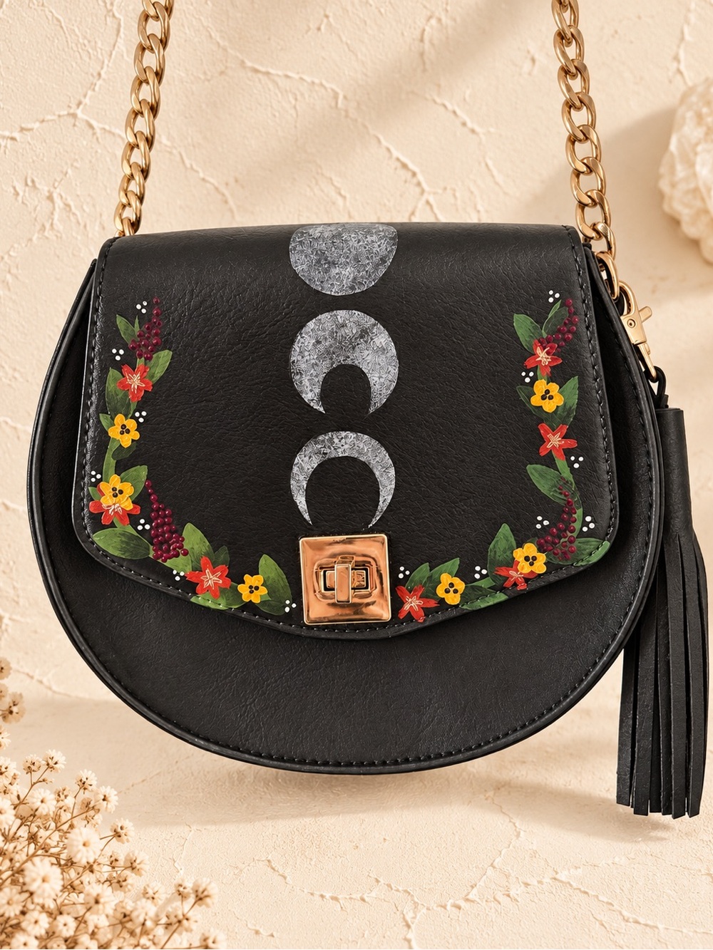 Black Floral Moonphase Crossbody Bag
